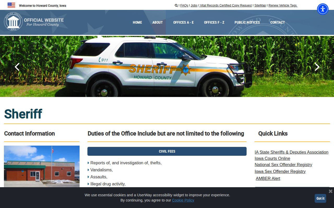 Howard County Sheriff booking record contact page
